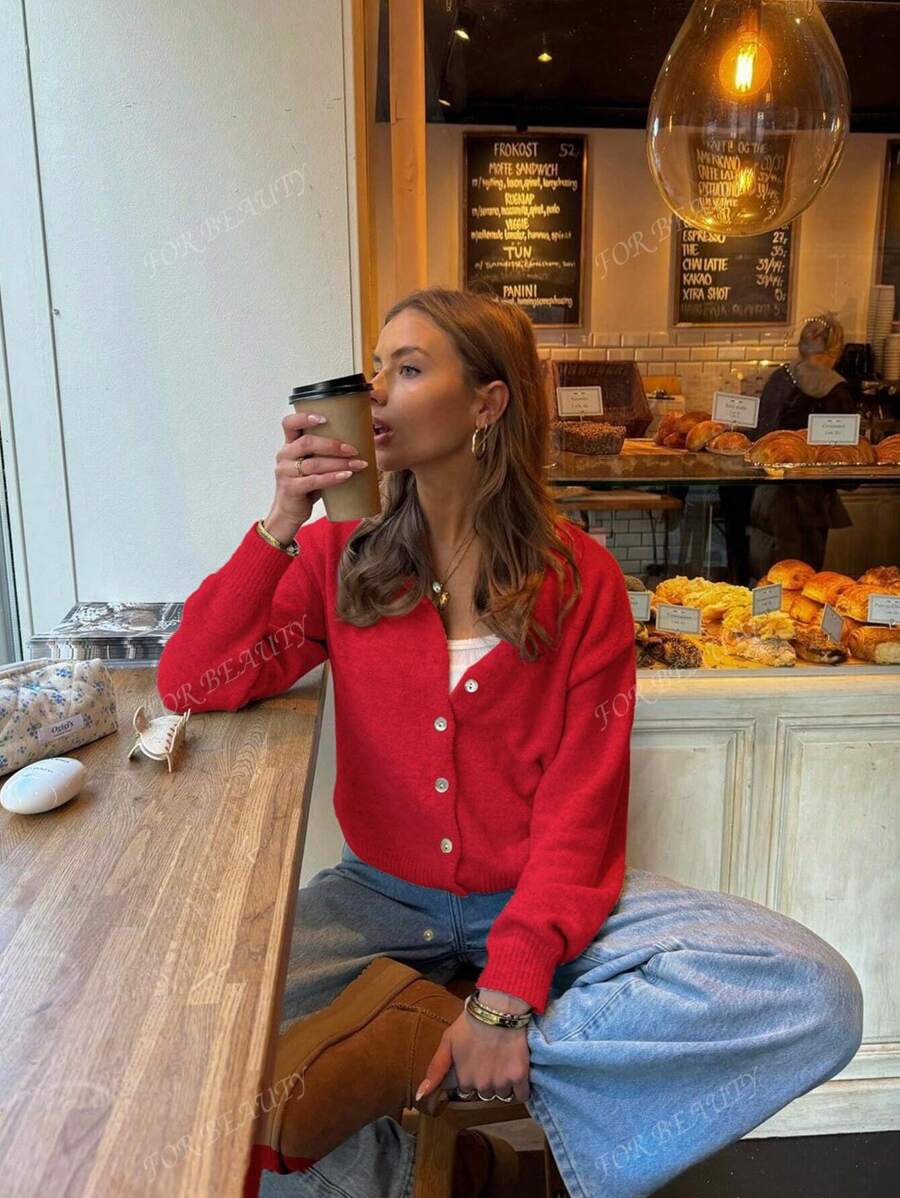 Women's Round Neck Twisted Buckle Knit Cardigan – Solid Color (Autumn/Winter)