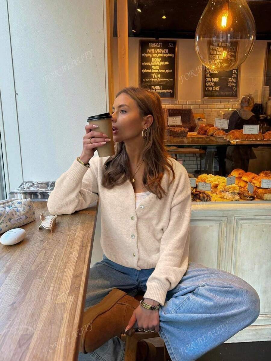 Women's Round Neck Twisted Buckle Knit Cardigan – Solid Color (Autumn/Winter)