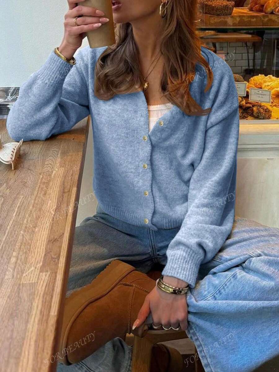 Women's Round Neck Twisted Buckle Knit Cardigan – Solid Color (Autumn/Winter)