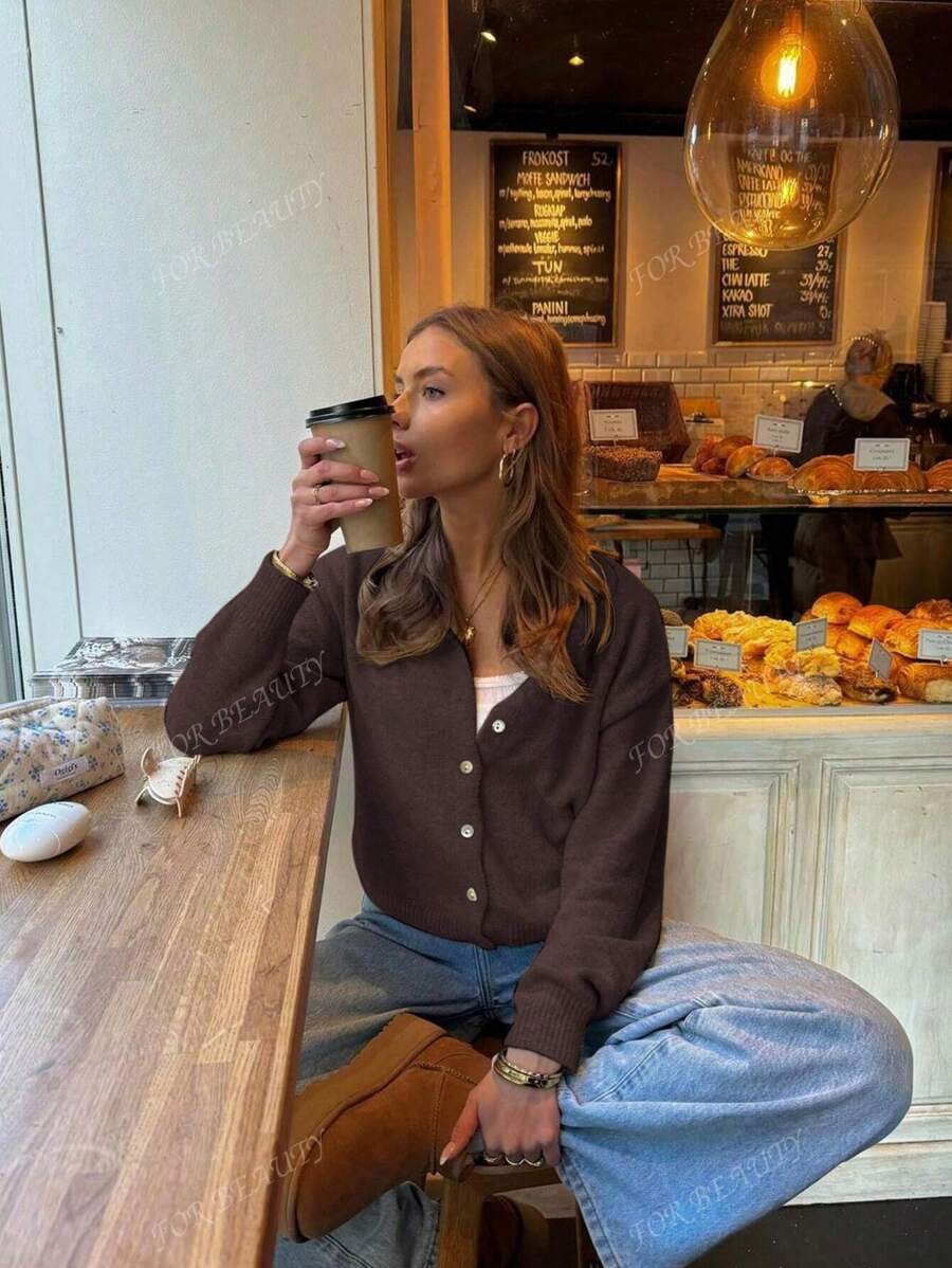 Women's Round Neck Twisted Buckle Knit Cardigan – Solid Color (Autumn/Winter)