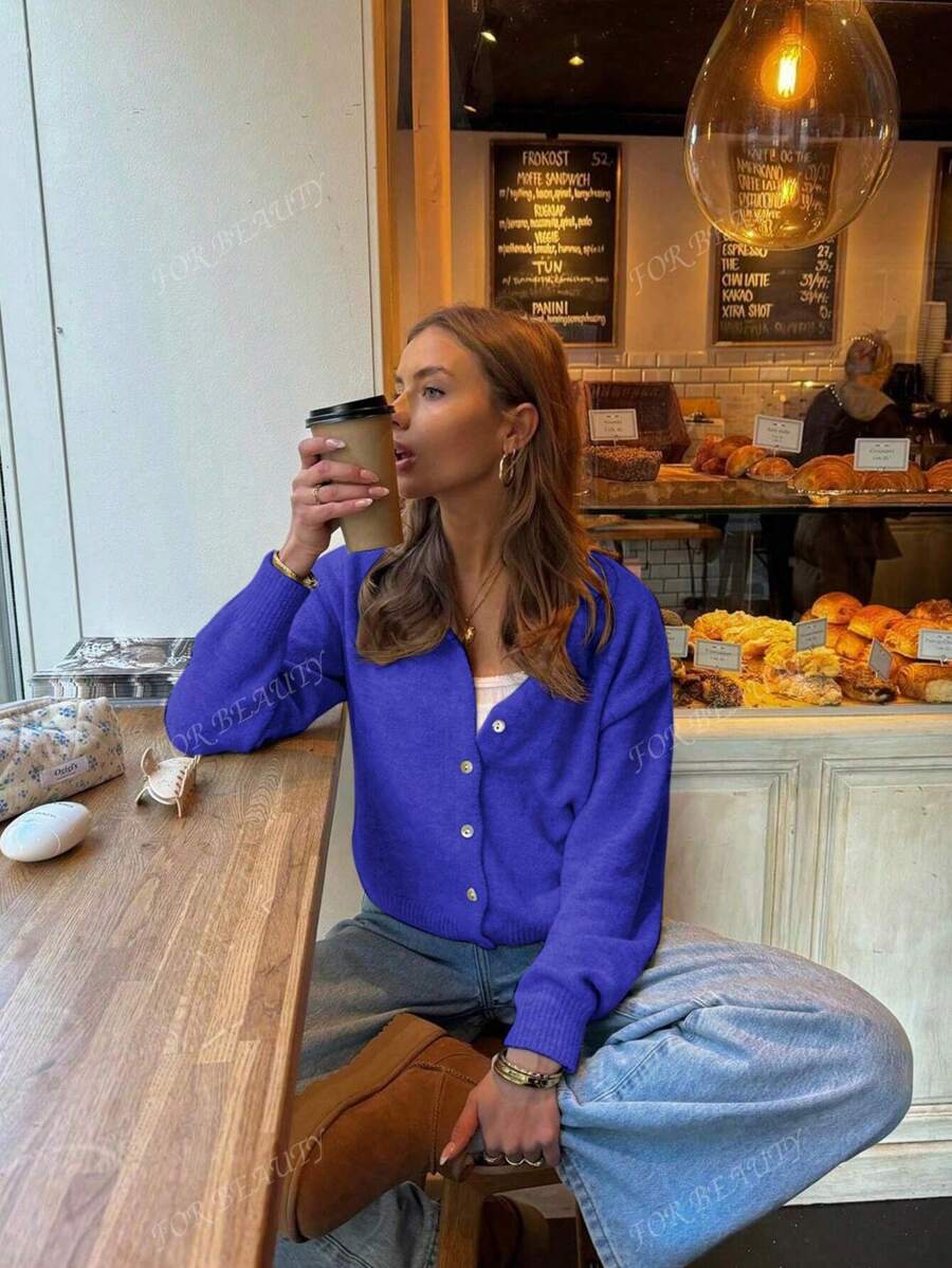 Women's Round Neck Twisted Buckle Knit Cardigan – Solid Color (Autumn/Winter)