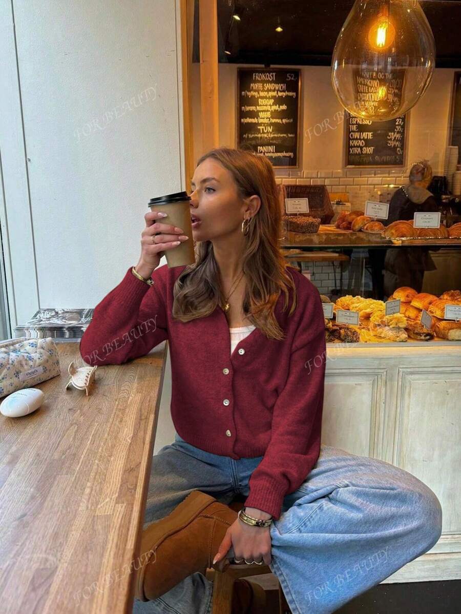 Women's Round Neck Twisted Buckle Knit Cardigan – Solid Color (Autumn/Winter)