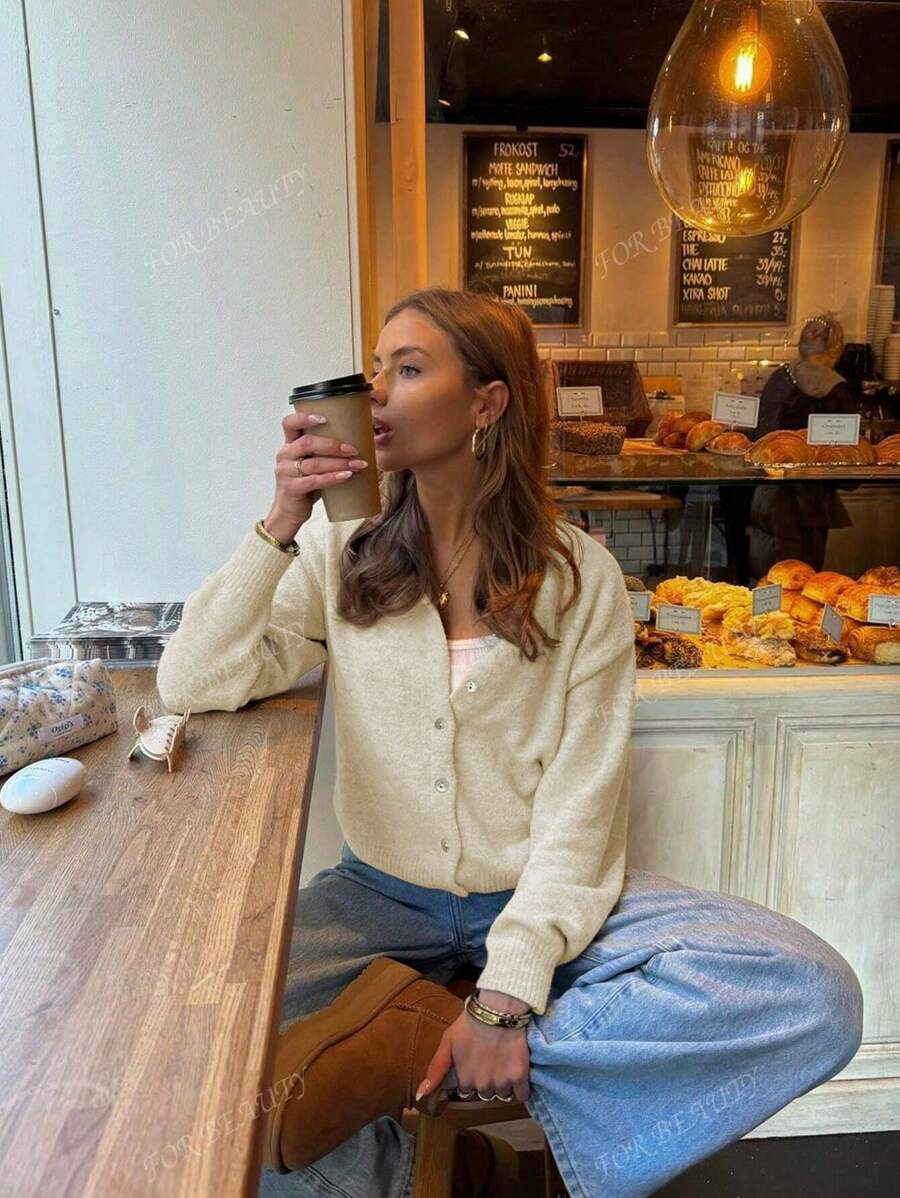 Women's Round Neck Twisted Buckle Knit Cardigan – Solid Color (Autumn/Winter)