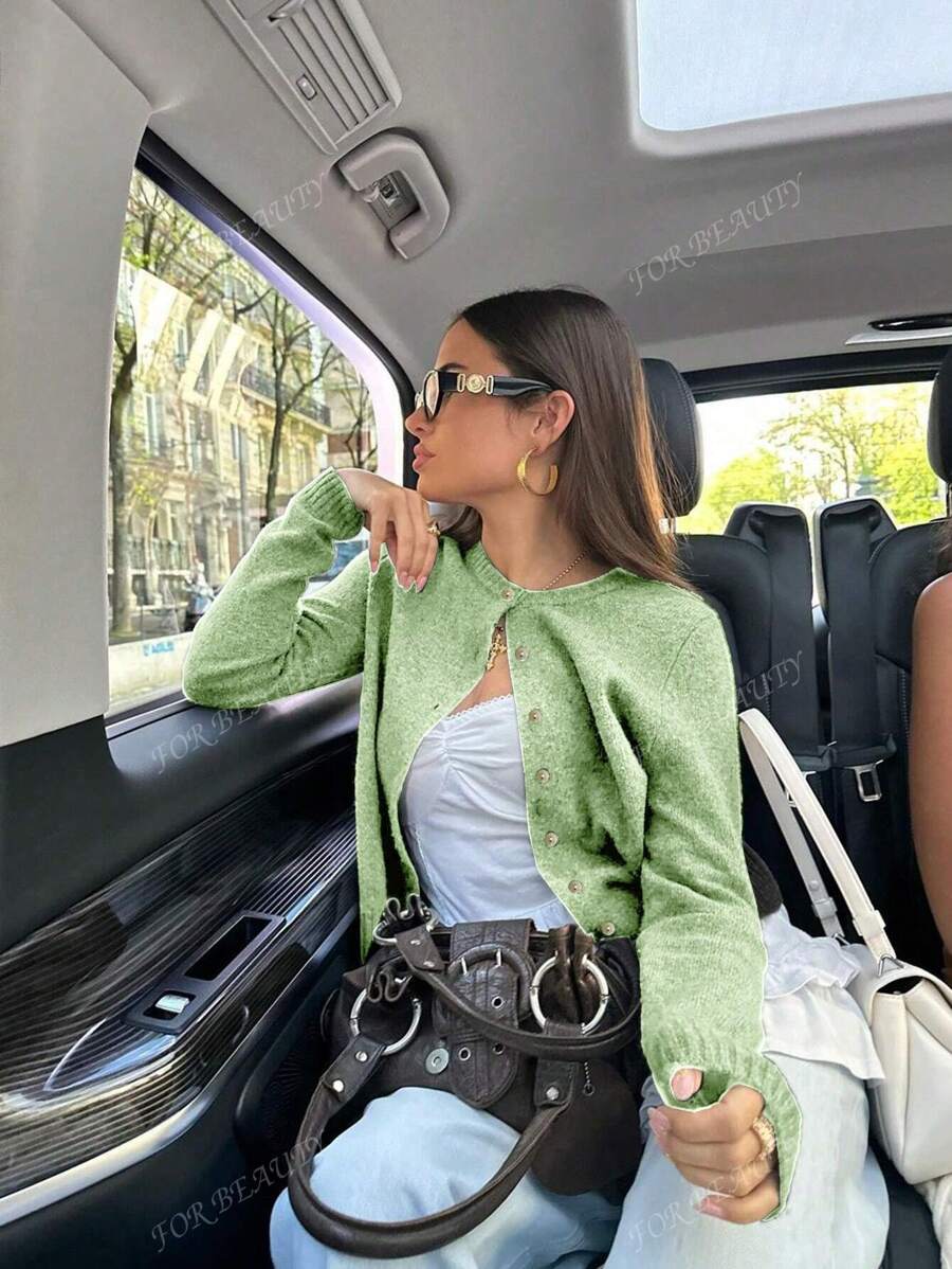 Women's Round Neck Twisted Buckle Knit Cardigan – Solid Color (Autumn/Winter)