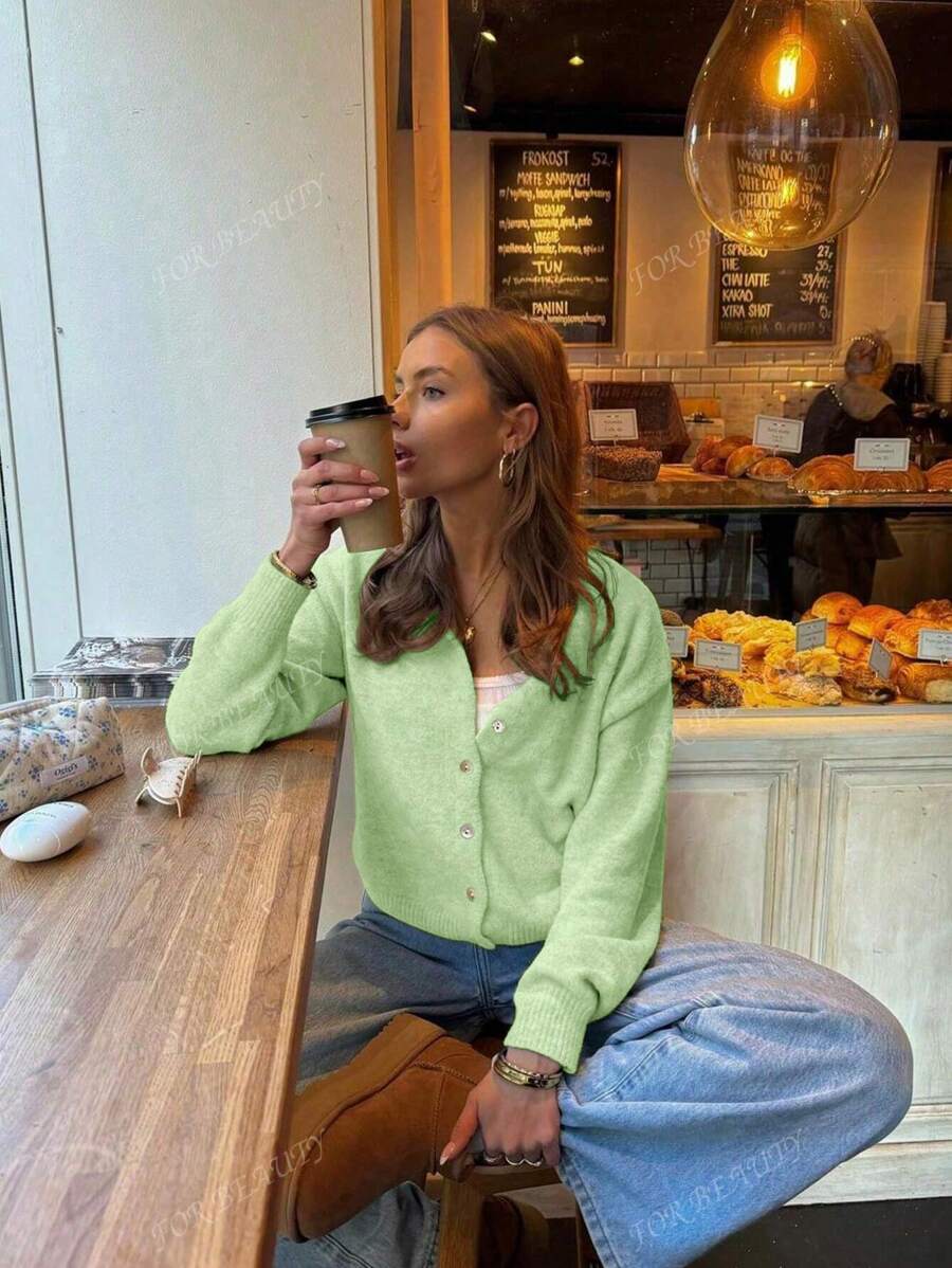 Women's Round Neck Twisted Buckle Knit Cardigan – Solid Color (Autumn/Winter)