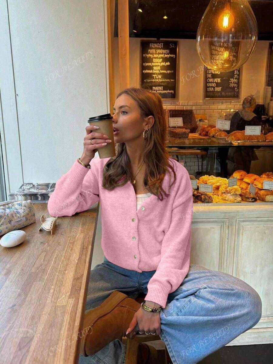 Women's Round Neck Twisted Buckle Knit Cardigan – Solid Color (Autumn/Winter)