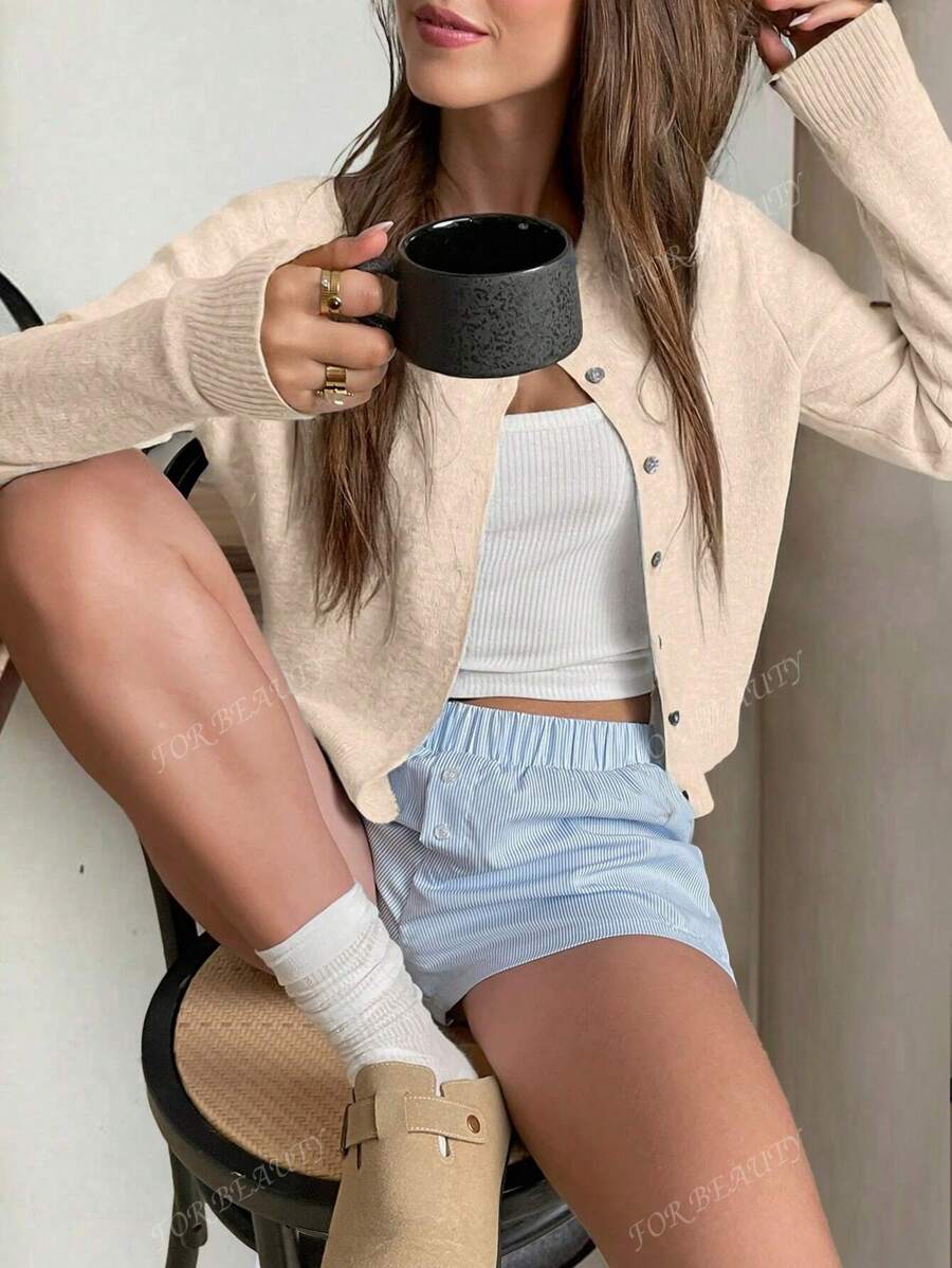 Women's Round Neck Twisted Buckle Knit Cardigan – Solid Color (Autumn/Winter)