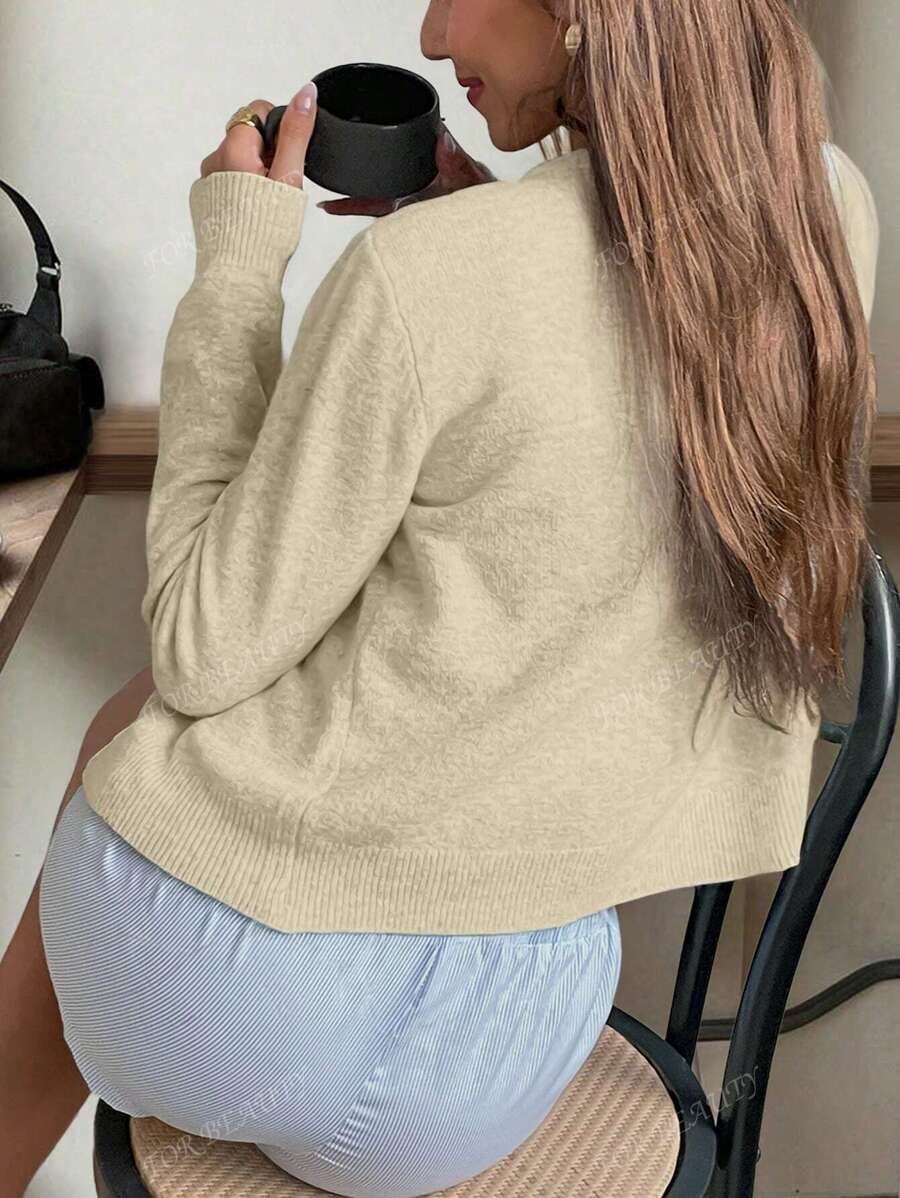 Women's Round Neck Twisted Buckle Knit Cardigan – Solid Color (Autumn/Winter)