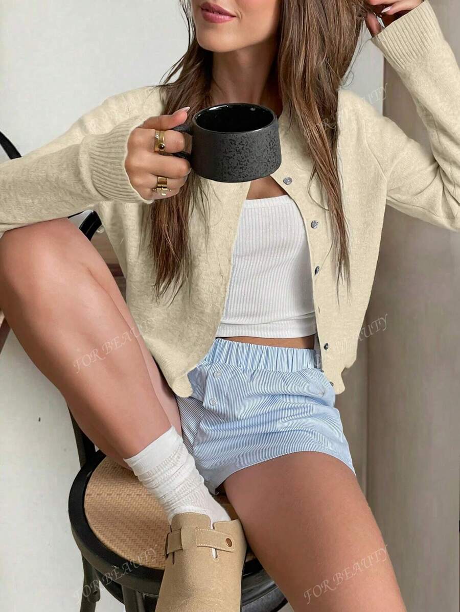 Women's Round Neck Twisted Buckle Knit Cardigan – Solid Color (Autumn/Winter)