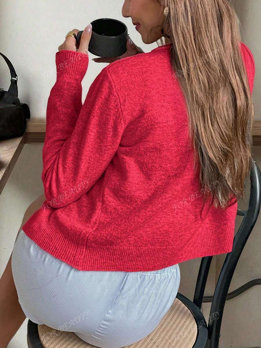 Women's Round Neck Twisted Buckle Knit Cardigan – Solid Color (Autumn/Winter)
