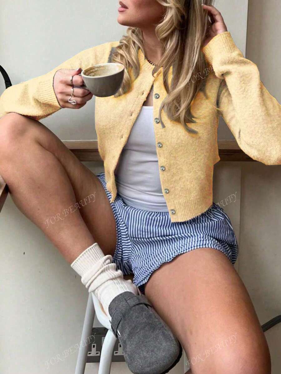 Women's Round Neck Twisted Buckle Knit Cardigan – Solid Color (Autumn/Winter)