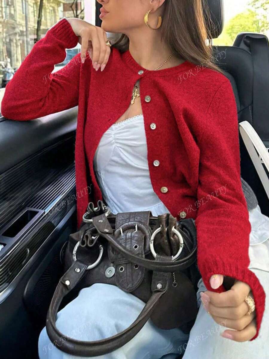 Women's Round Neck Twisted Buckle Knit Cardigan – Solid Color (Autumn/Winter)
