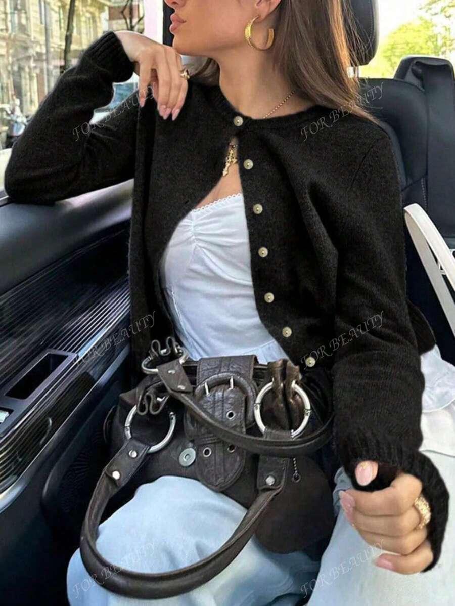 Women's Round Neck Twisted Buckle Knit Cardigan – Solid Color (Autumn/Winter)