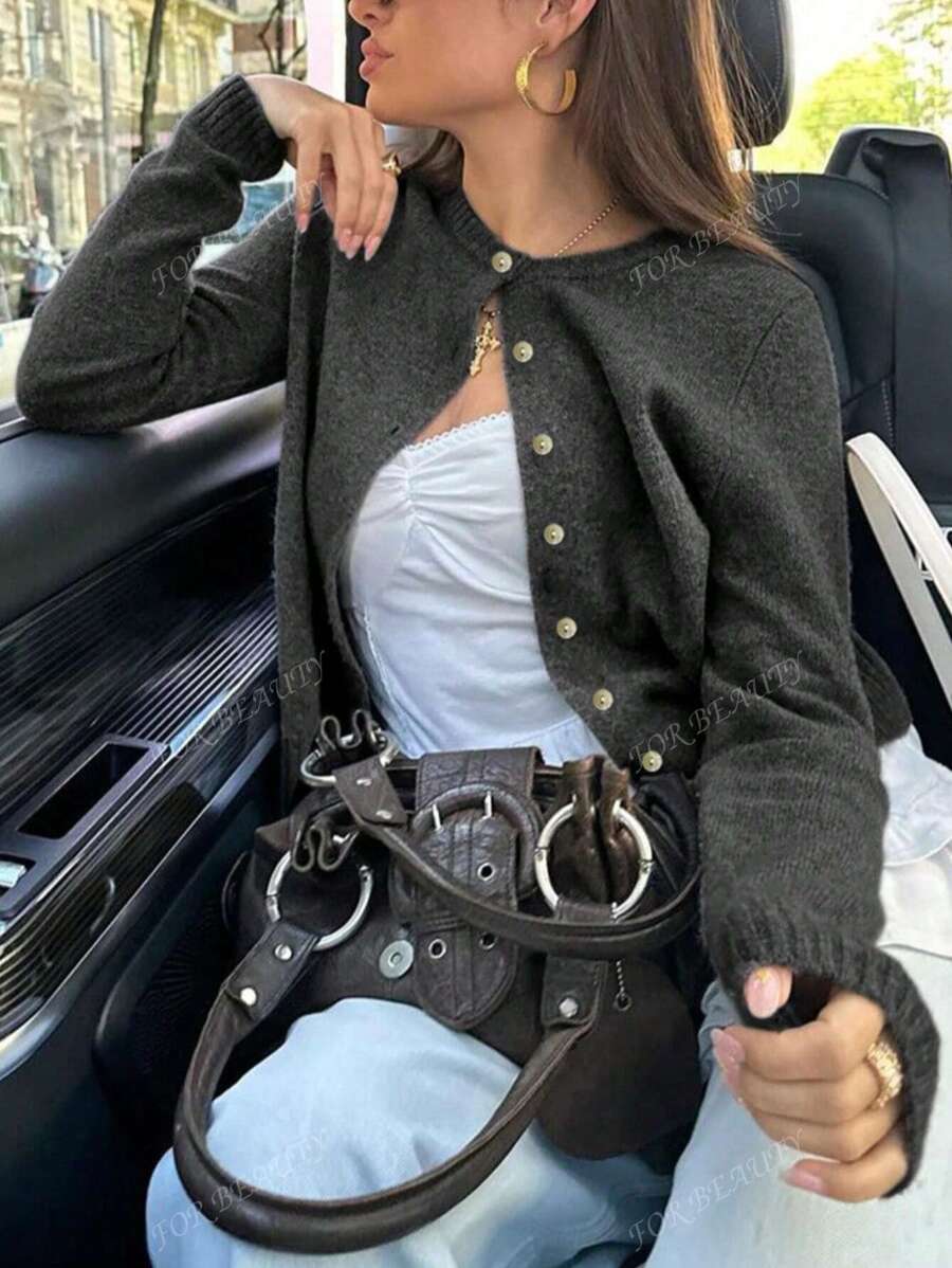 Women's Round Neck Twisted Buckle Knit Cardigan – Solid Color (Autumn/Winter)