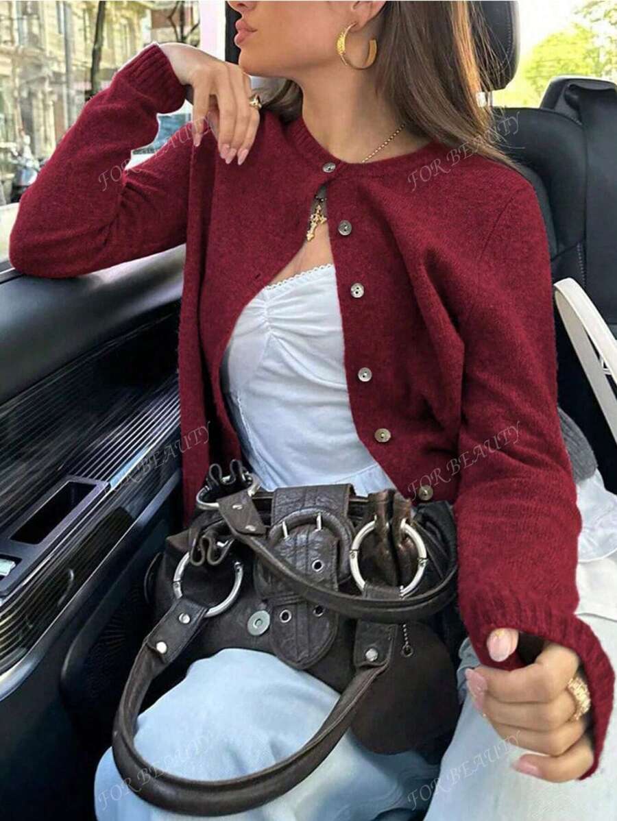 Women's Round Neck Twisted Buckle Knit Cardigan – Solid Color (Autumn/Winter)