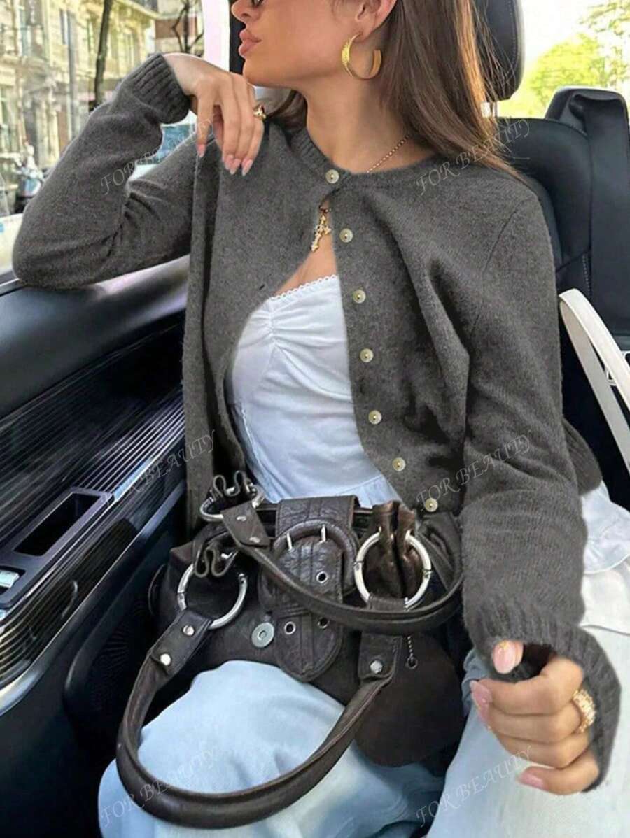 Women's Round Neck Twisted Buckle Knit Cardigan – Solid Color (Autumn/Winter)