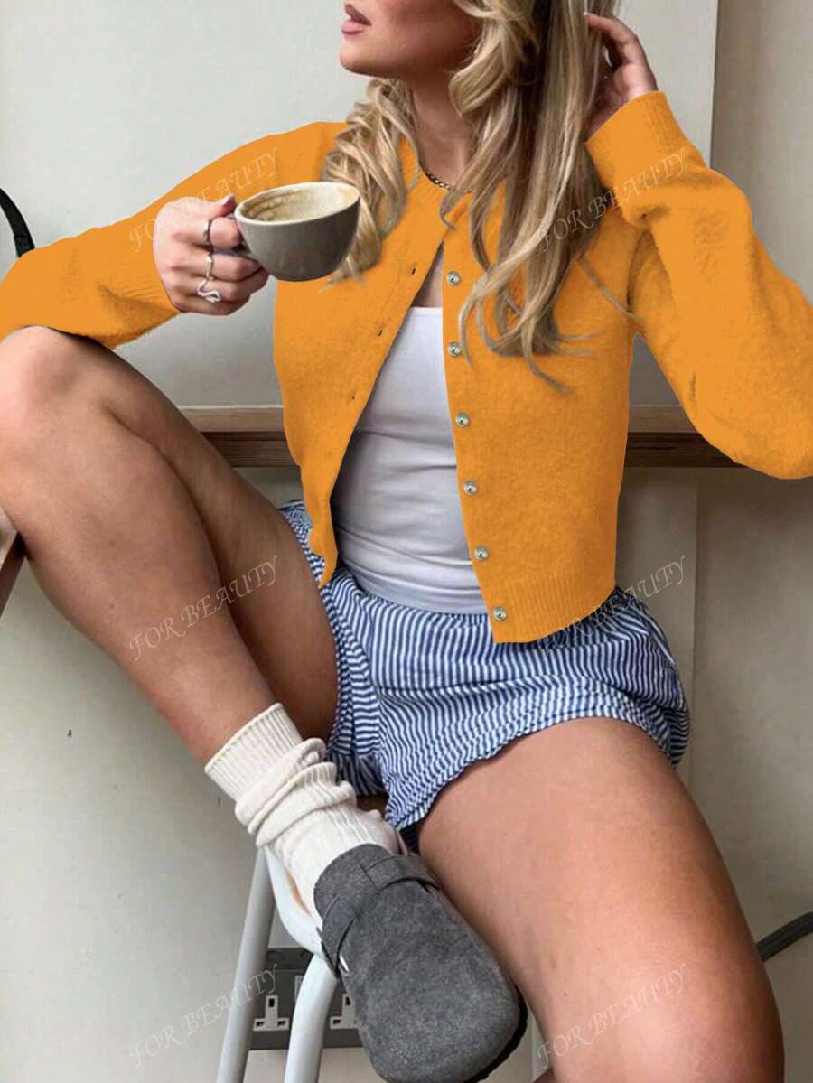 Women's Round Neck Twisted Buckle Knit Cardigan – Solid Color (Autumn/Winter)