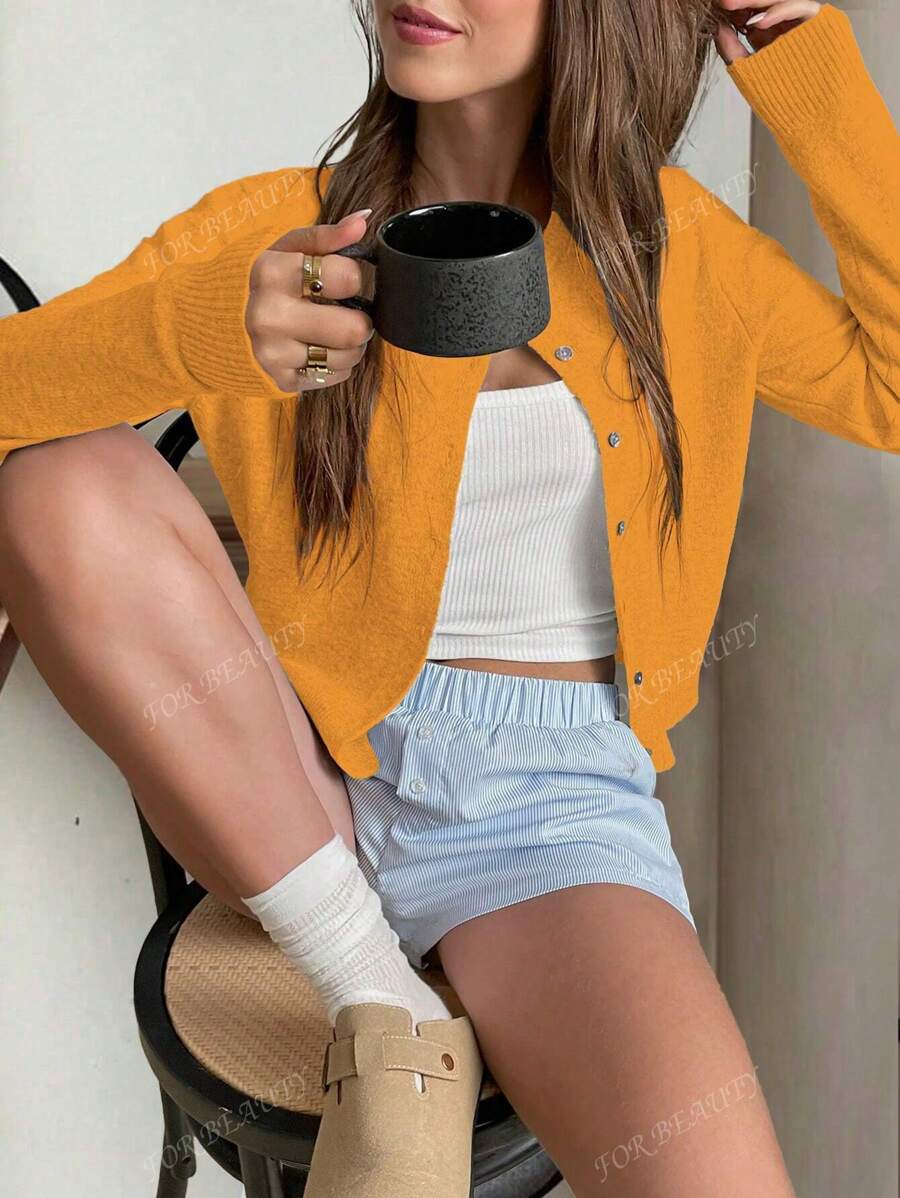 Women's Round Neck Twisted Buckle Knit Cardigan – Solid Color (Autumn/Winter)