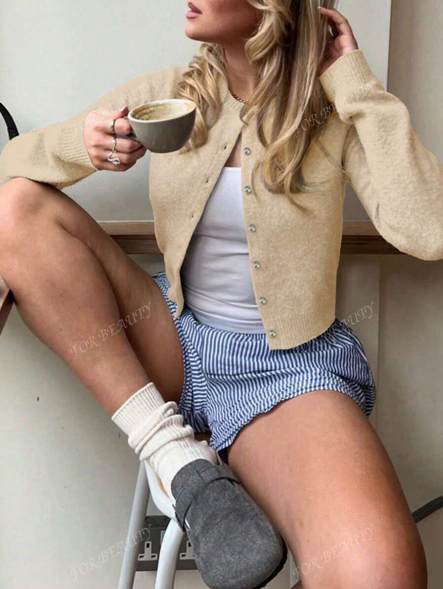 Women's Round Neck Twisted Buckle Knit Cardigan – Solid Color (Autumn/Winter)