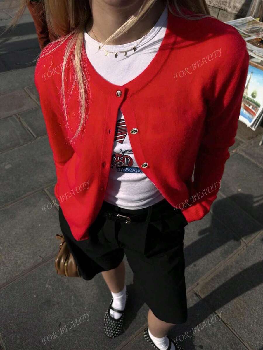Women's Round Neck Twisted Buckle Knit Cardigan – Solid Color (Autumn/Winter)