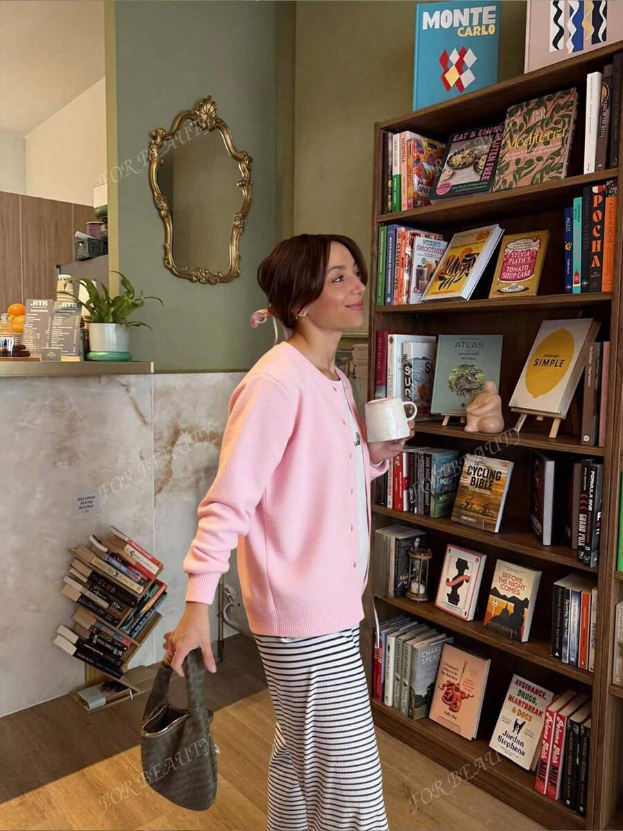 Women's Round Neck Twisted Buckle Knit Cardigan – Solid Color (Autumn/Winter)