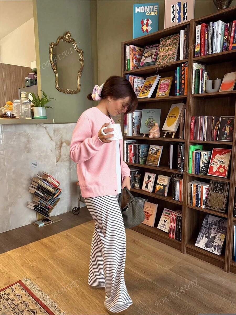 Women's Round Neck Twisted Buckle Knit Cardigan – Solid Color (Autumn/Winter)