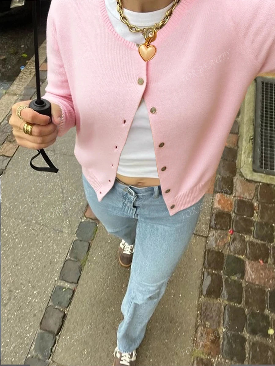 Women's Round Neck Twisted Buckle Knit Cardigan – Solid Color (Autumn/Winter)
