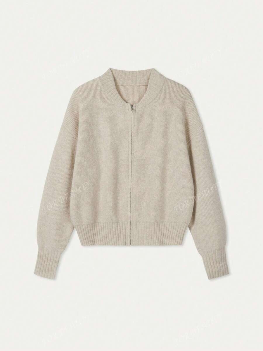 Women's Round Neck Zip-Up Knit Cardigan – Solid Color (Autumn/Winter)