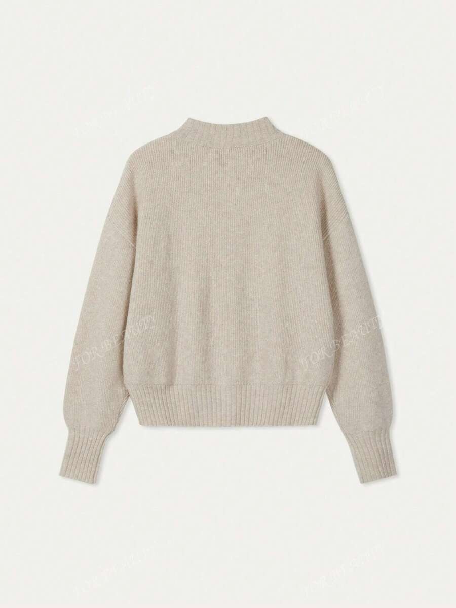 Women's Round Neck Zip-Up Knit Cardigan – Solid Color (Autumn/Winter)