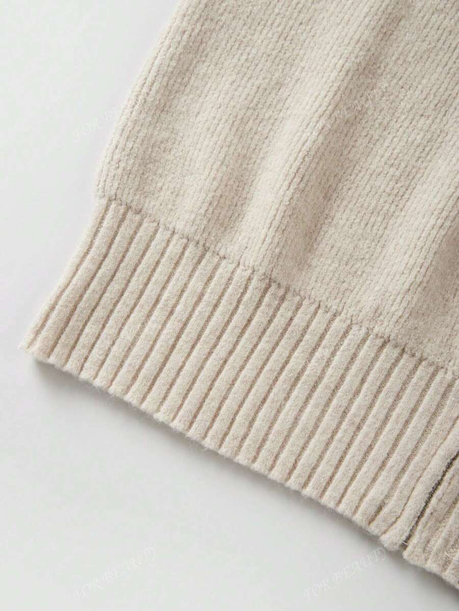 Women's Round Neck Zip-Up Knit Cardigan – Solid Color (Autumn/Winter)