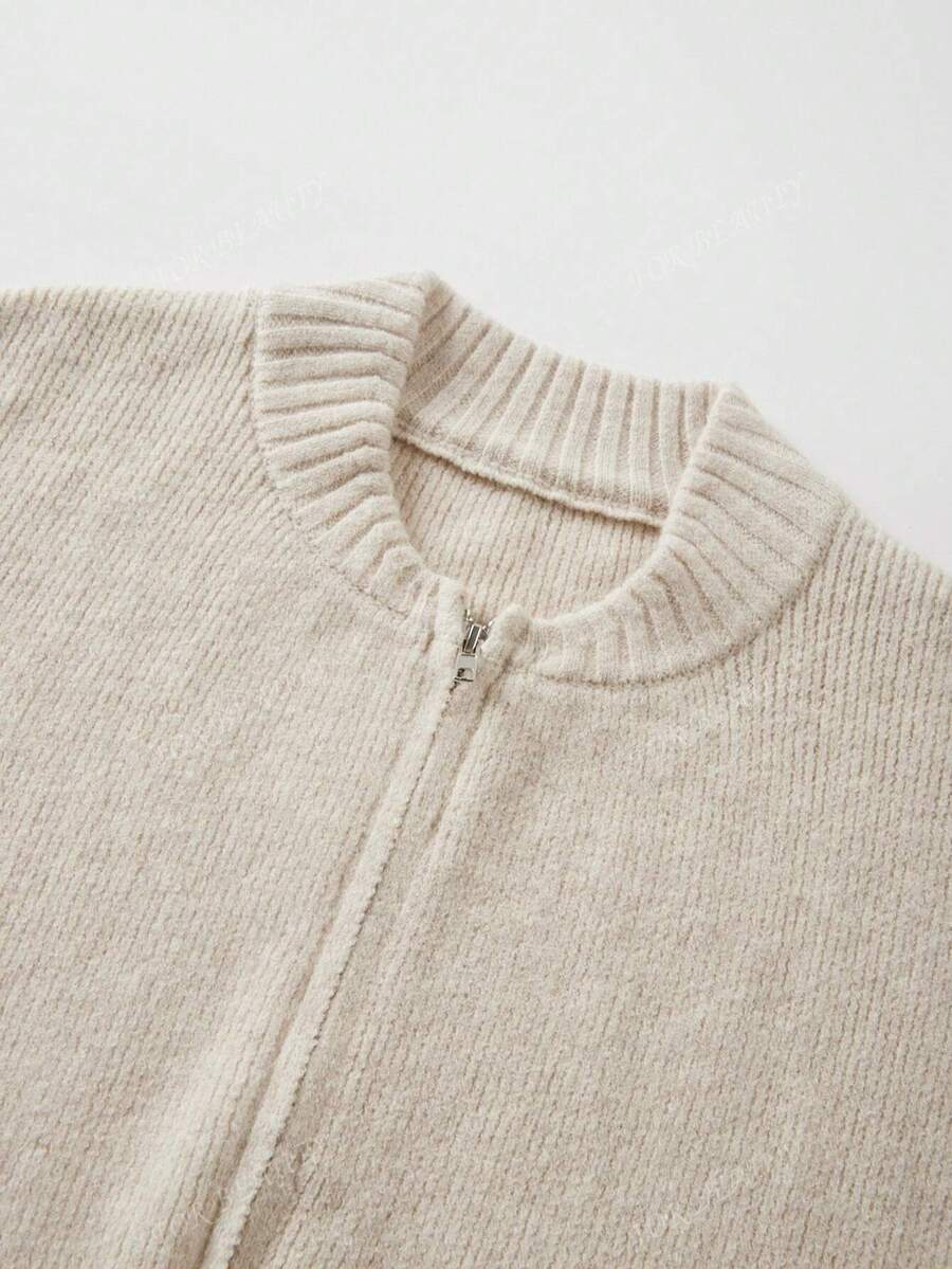 Women's Round Neck Zip-Up Knit Cardigan – Solid Color (Autumn/Winter)