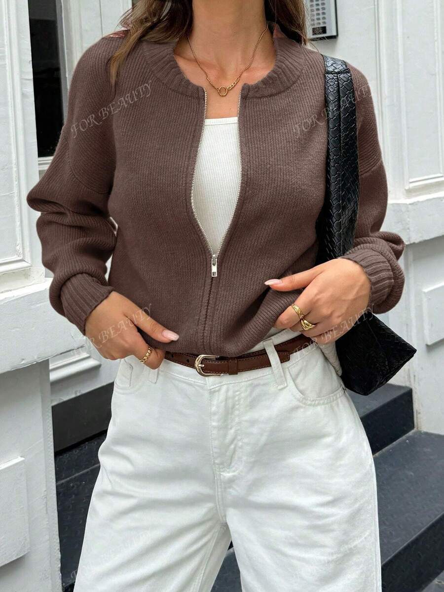 Women's Round Neck Zip-Up Knit Cardigan – Solid Color (Autumn/Winter)