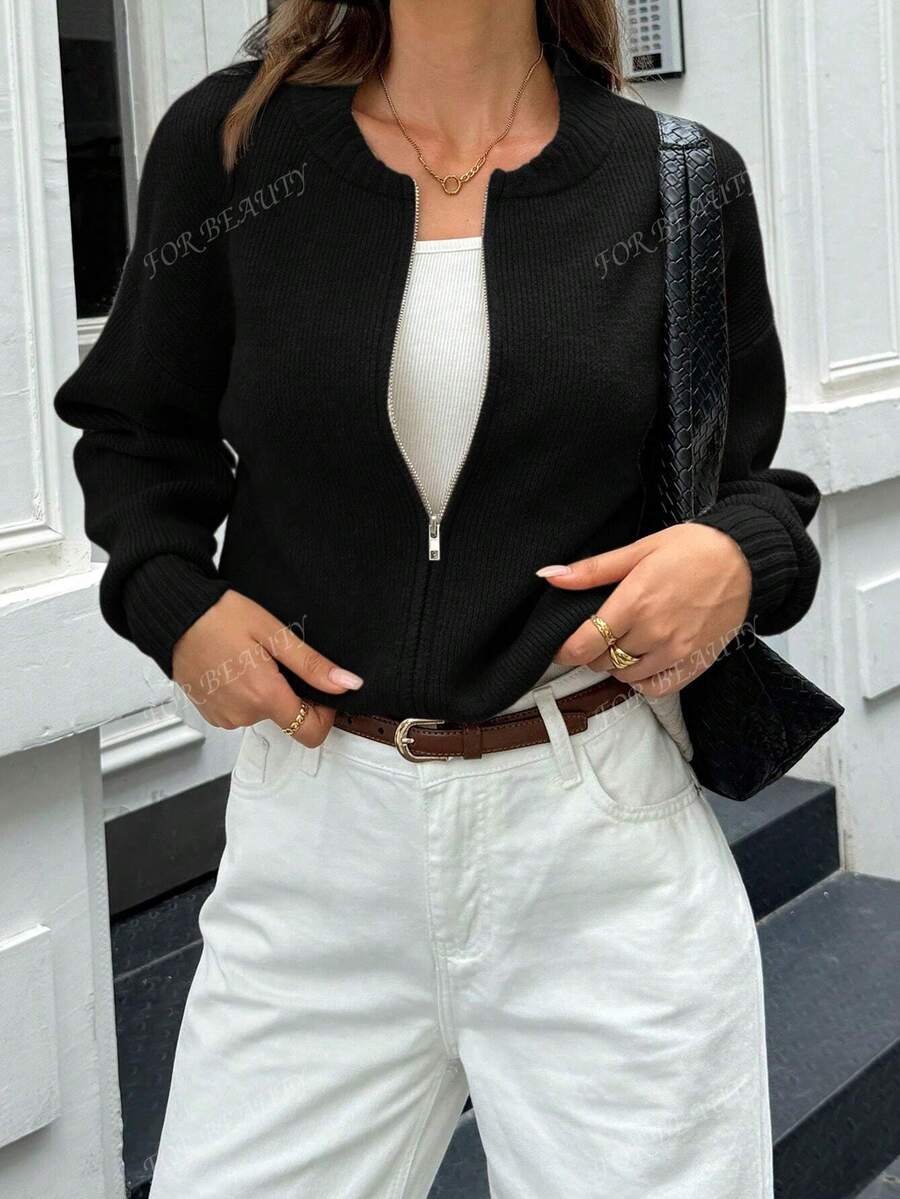 Women's Round Neck Zip-Up Knit Cardigan – Solid Color (Autumn/Winter)