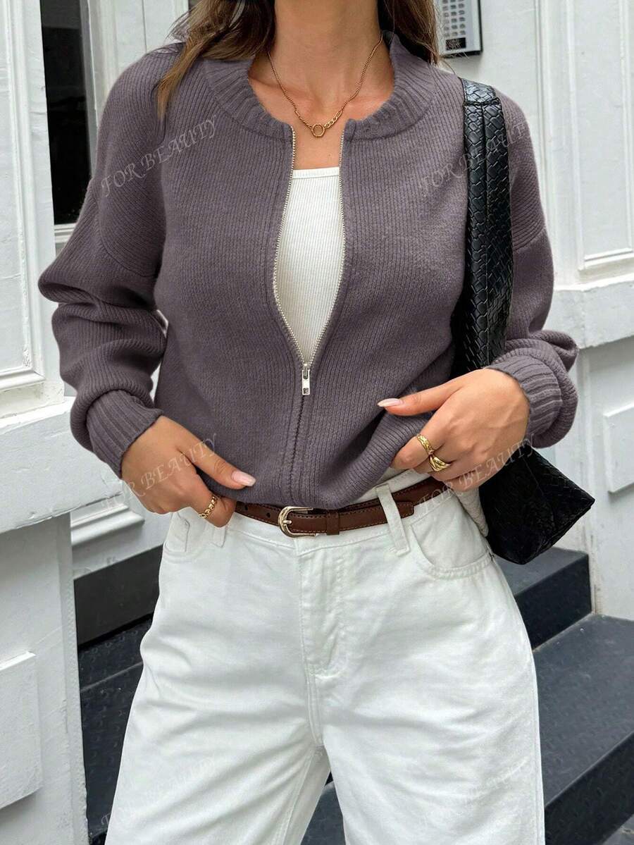 Women's Round Neck Zip-Up Knit Cardigan – Solid Color (Autumn/Winter)