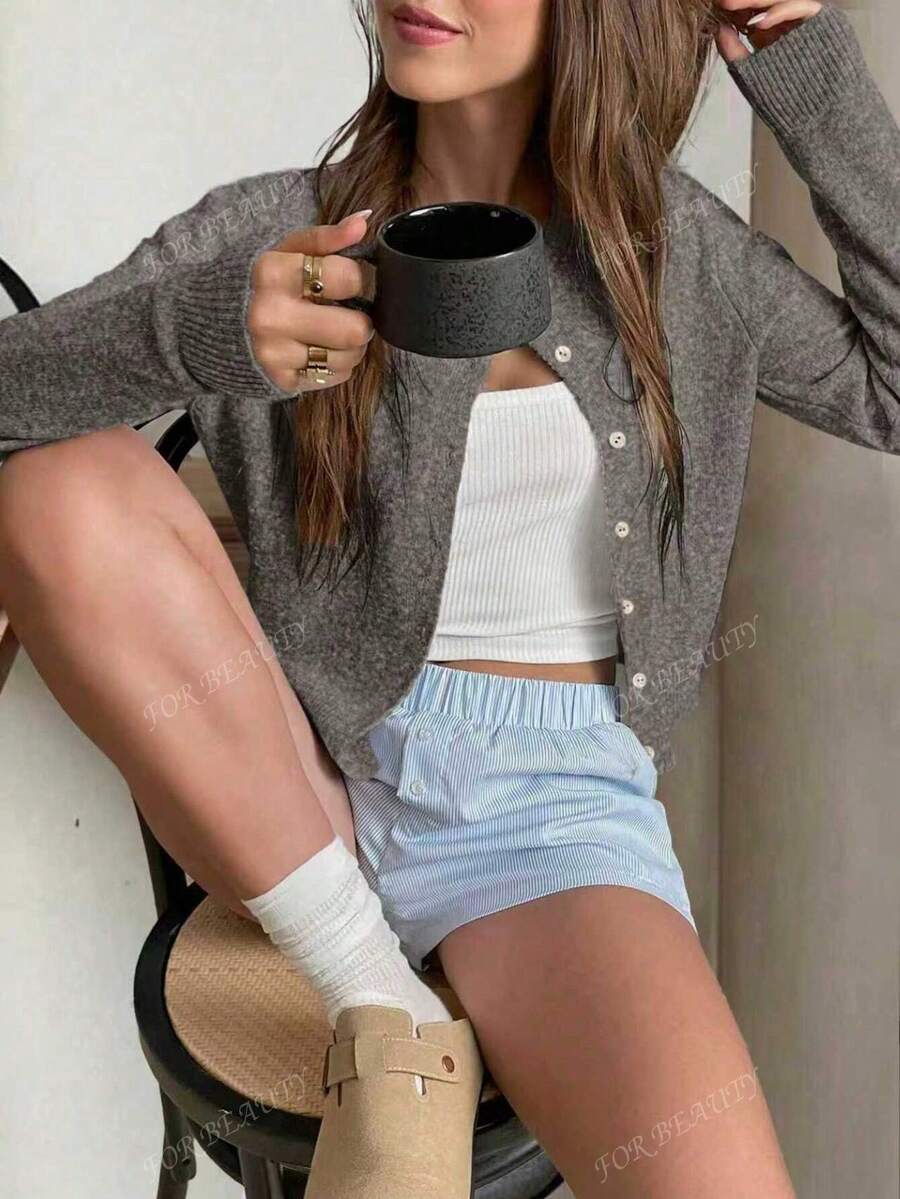 Women's Round Neck Twisted Buckle Knit Cardigan – Solid Color (Autumn/Winter)