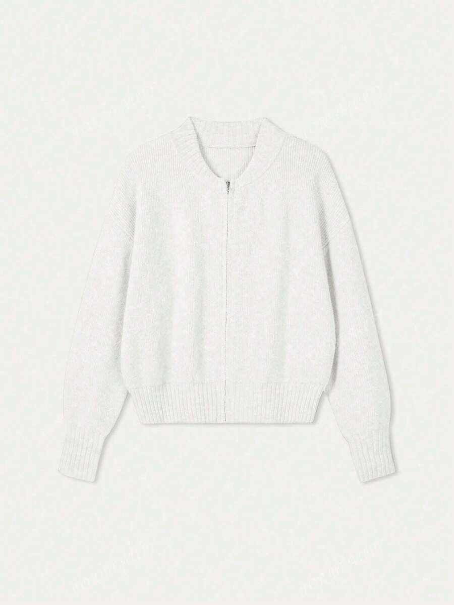 Women's Round Neck Zip-Up Knit Cardigan – Solid Color (Autumn/Winter)