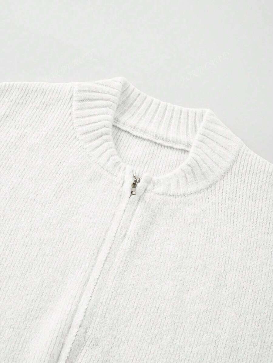 Women's Round Neck Zip-Up Knit Cardigan – Solid Color (Autumn/Winter)