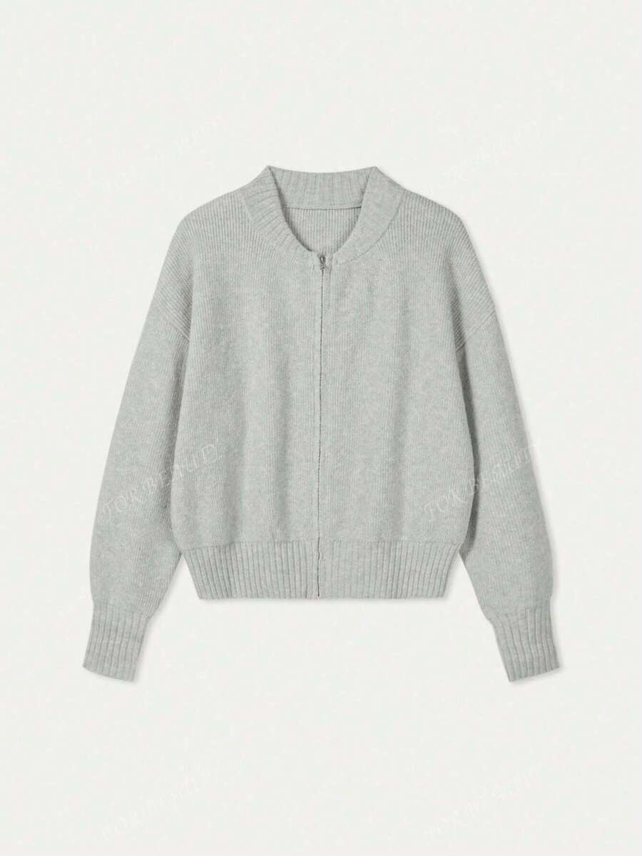 Women's Round Neck Zip-Up Knit Cardigan – Solid Color (Autumn/Winter)