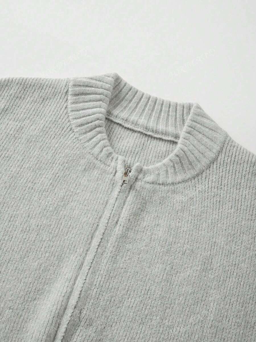 Women's Round Neck Zip-Up Knit Cardigan – Solid Color (Autumn/Winter)