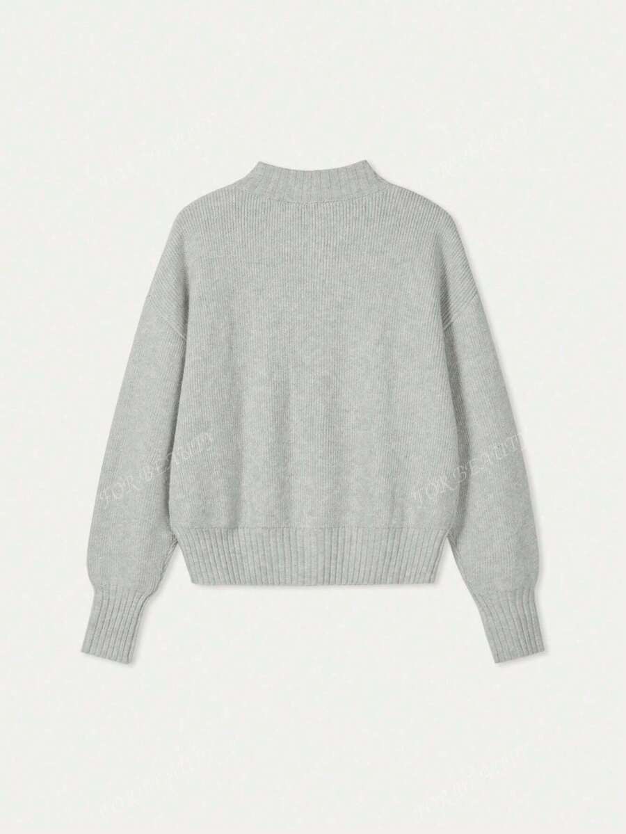 Women's Round Neck Zip-Up Knit Cardigan – Solid Color (Autumn/Winter)