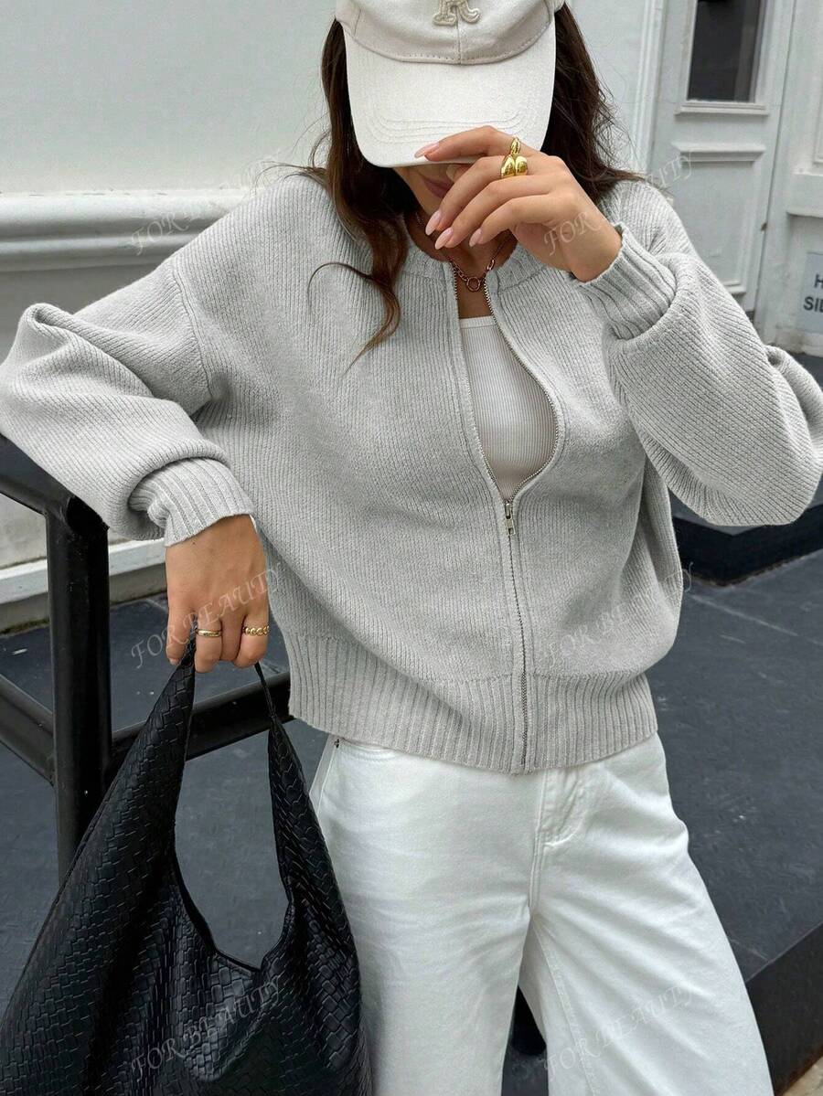 Women's Round Neck Zip-Up Knit Cardigan – Solid Color (Autumn/Winter)