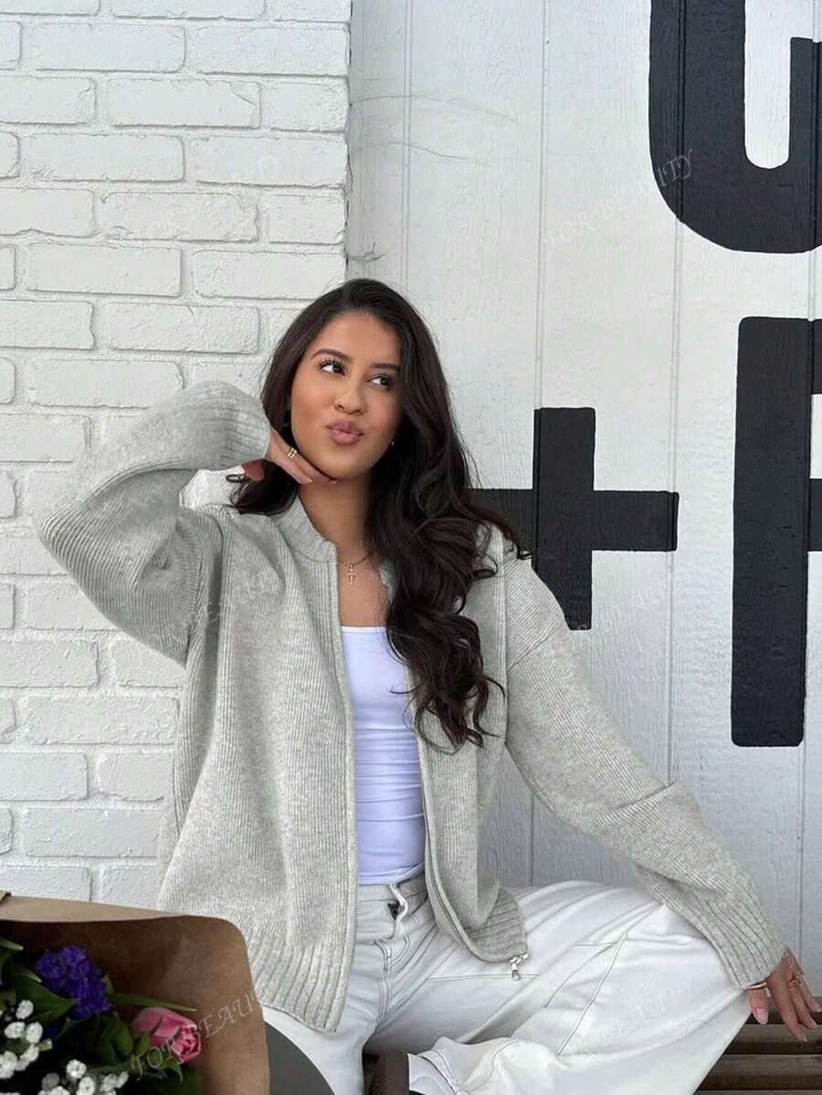 Women's Round Neck Zip-Up Knit Cardigan – Solid Color (Autumn/Winter)