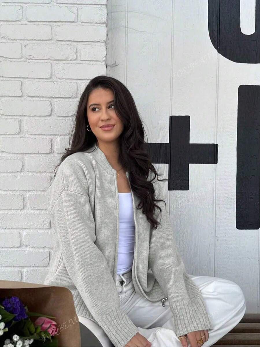 Women's Round Neck Zip-Up Knit Cardigan – Solid Color (Autumn/Winter)
