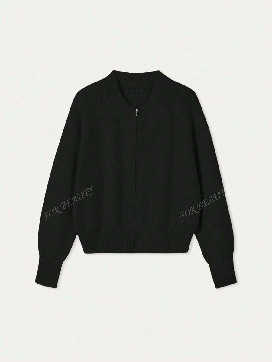 Women's Round Neck Zip-Up Knit Cardigan – Solid Color (Autumn/Winter)