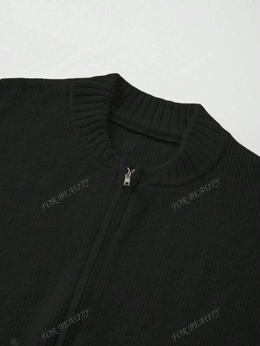 Women's Round Neck Zip-Up Knit Cardigan – Solid Color (Autumn/Winter)