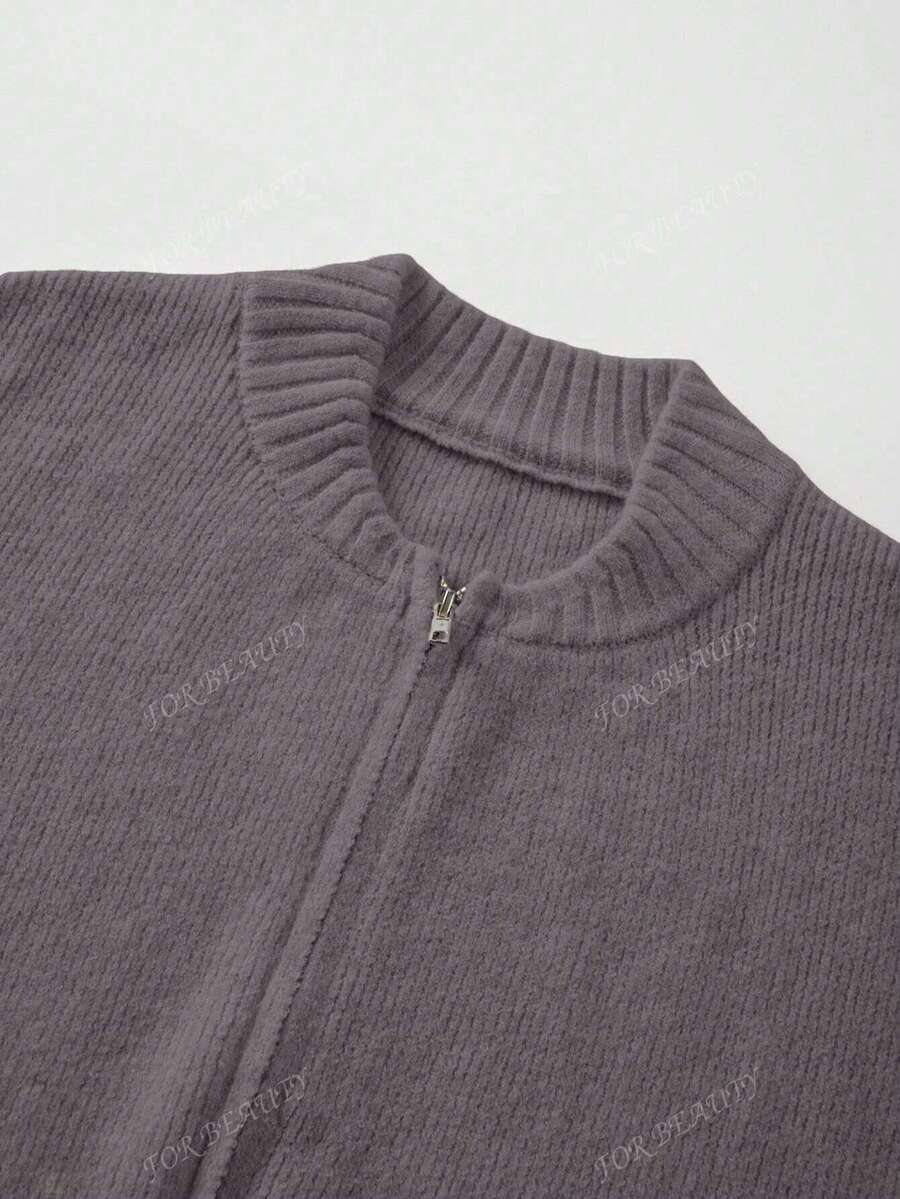 Women's Round Neck Zip-Up Knit Cardigan – Solid Color (Autumn/Winter)
