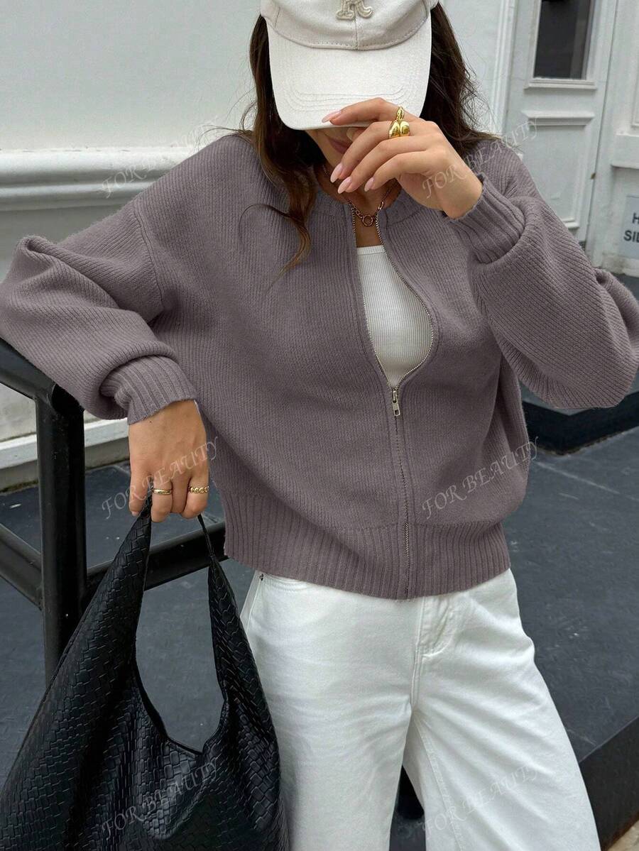 Women's Round Neck Zip-Up Knit Cardigan – Solid Color (Autumn/Winter)