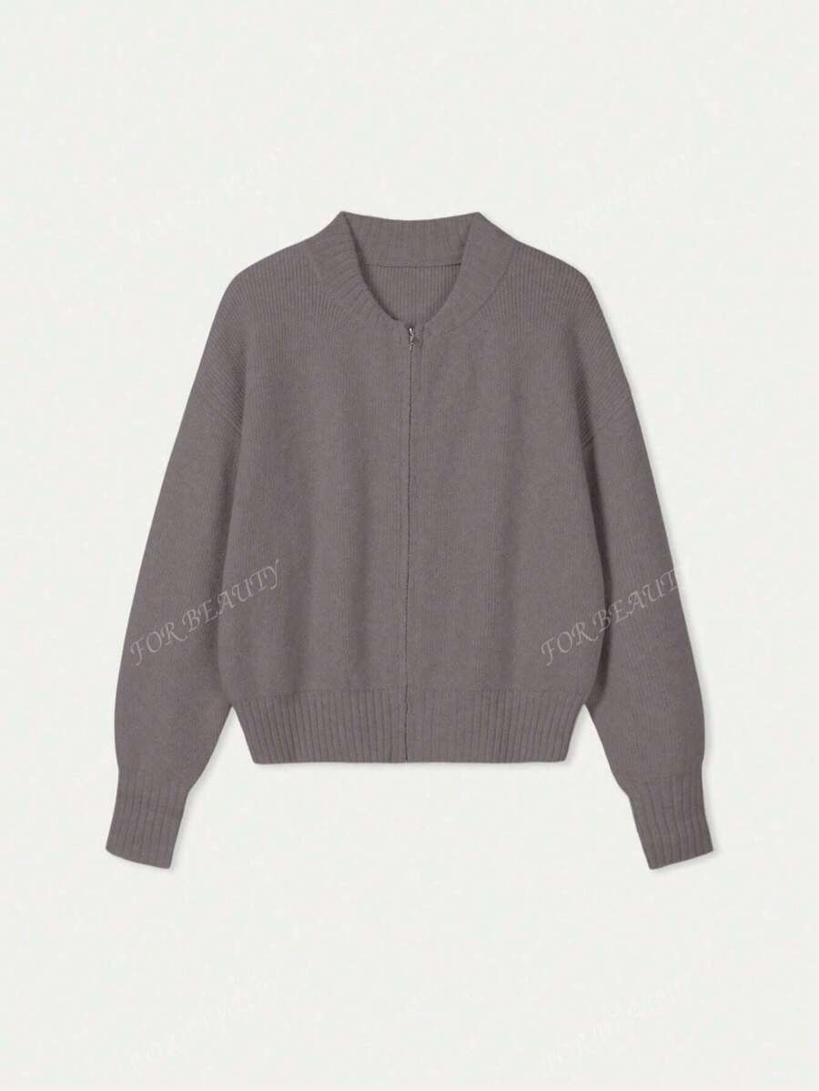 Women's Round Neck Zip-Up Knit Cardigan – Solid Color (Autumn/Winter)