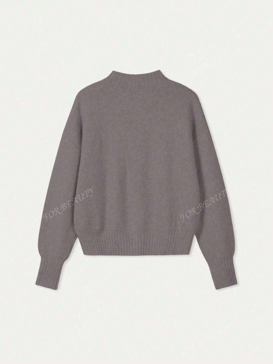 Women's Round Neck Zip-Up Knit Cardigan – Solid Color (Autumn/Winter)