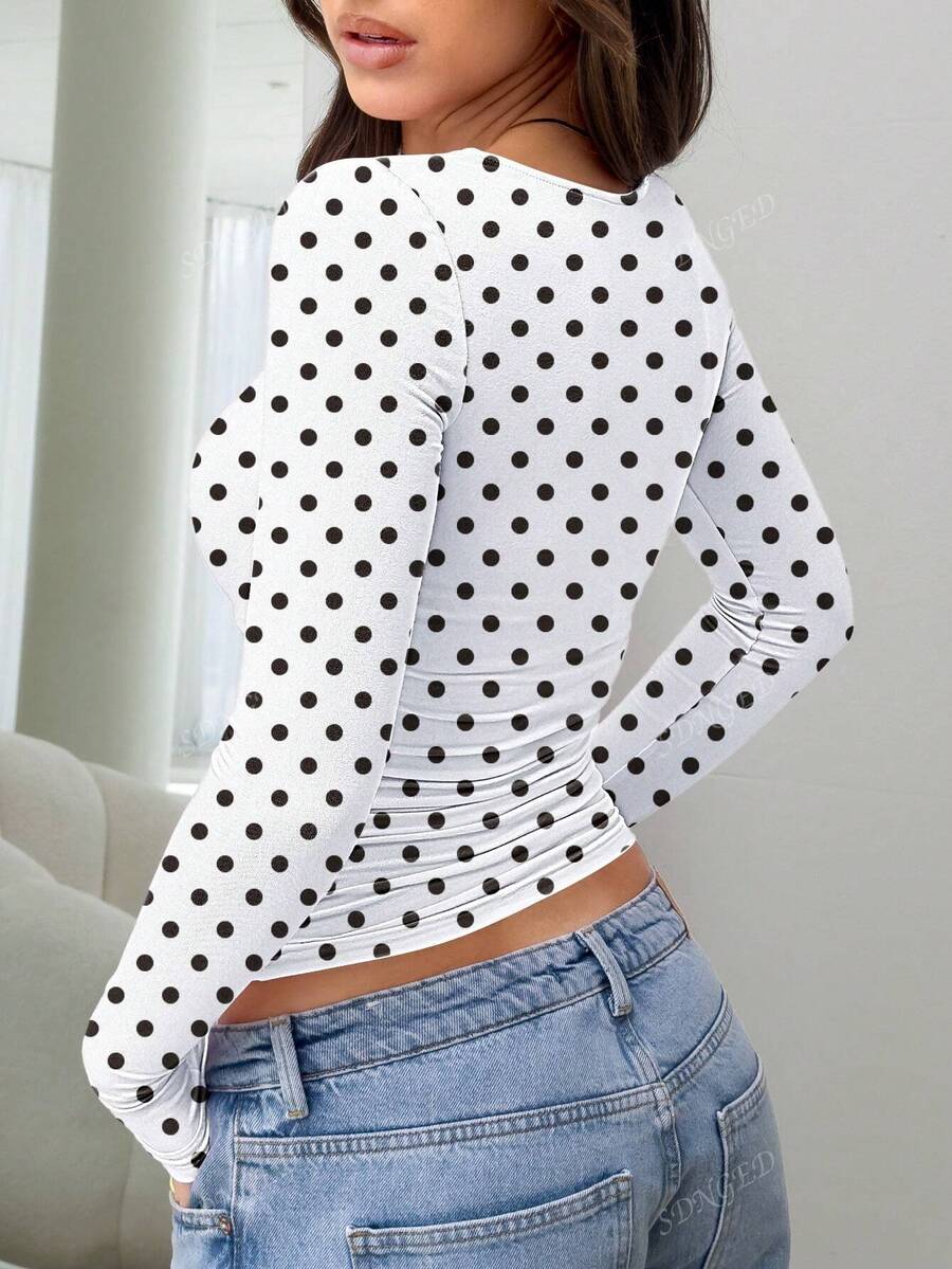 Women's Ruched Slim-Fit Long Sleeve T-Shirt – Plain Crew Neck (All Seasons)